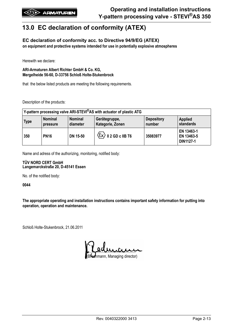 0 ec declaration of conformity (atex), 0 ec declaration of conformity (atex) -13, As 350 | ARI Armaturen STEVI AS 350 DN15-50 EN User Manual | Page 13 / 13