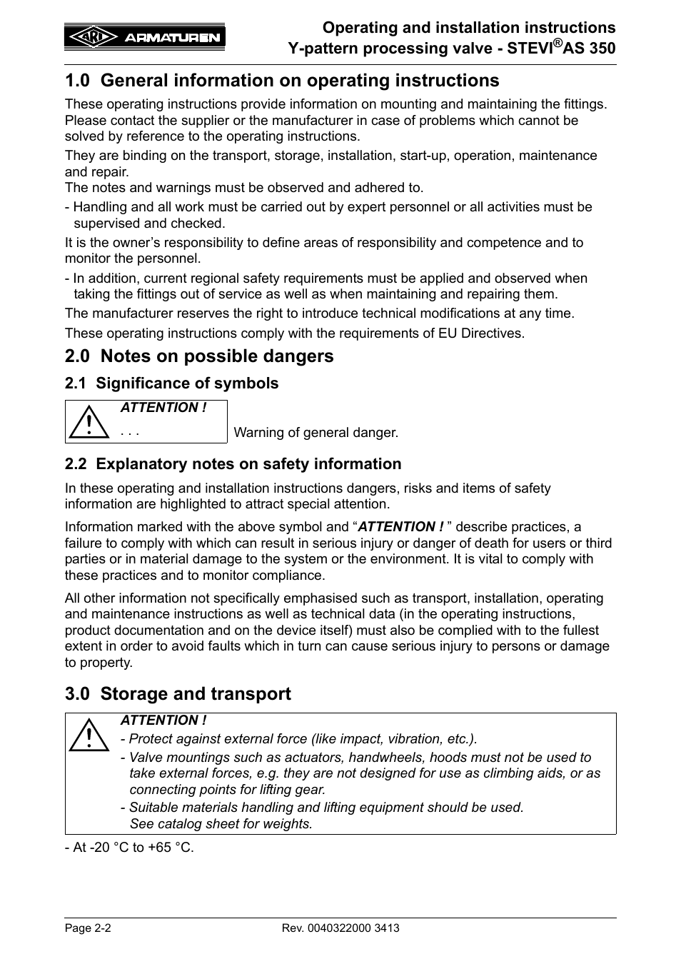 0 general information on operating instructions, 0 notes on possible dangers, 1 significance of symbols | 2 explanatory notes on safety information, 0 storage and transport, 0 general information on operating, Instructions -2, 0 notes on possible dangers -2, 0 storage and transport -2 | ARI Armaturen STEVI AS 350 DN15-50 EN User Manual | Page 2 / 13