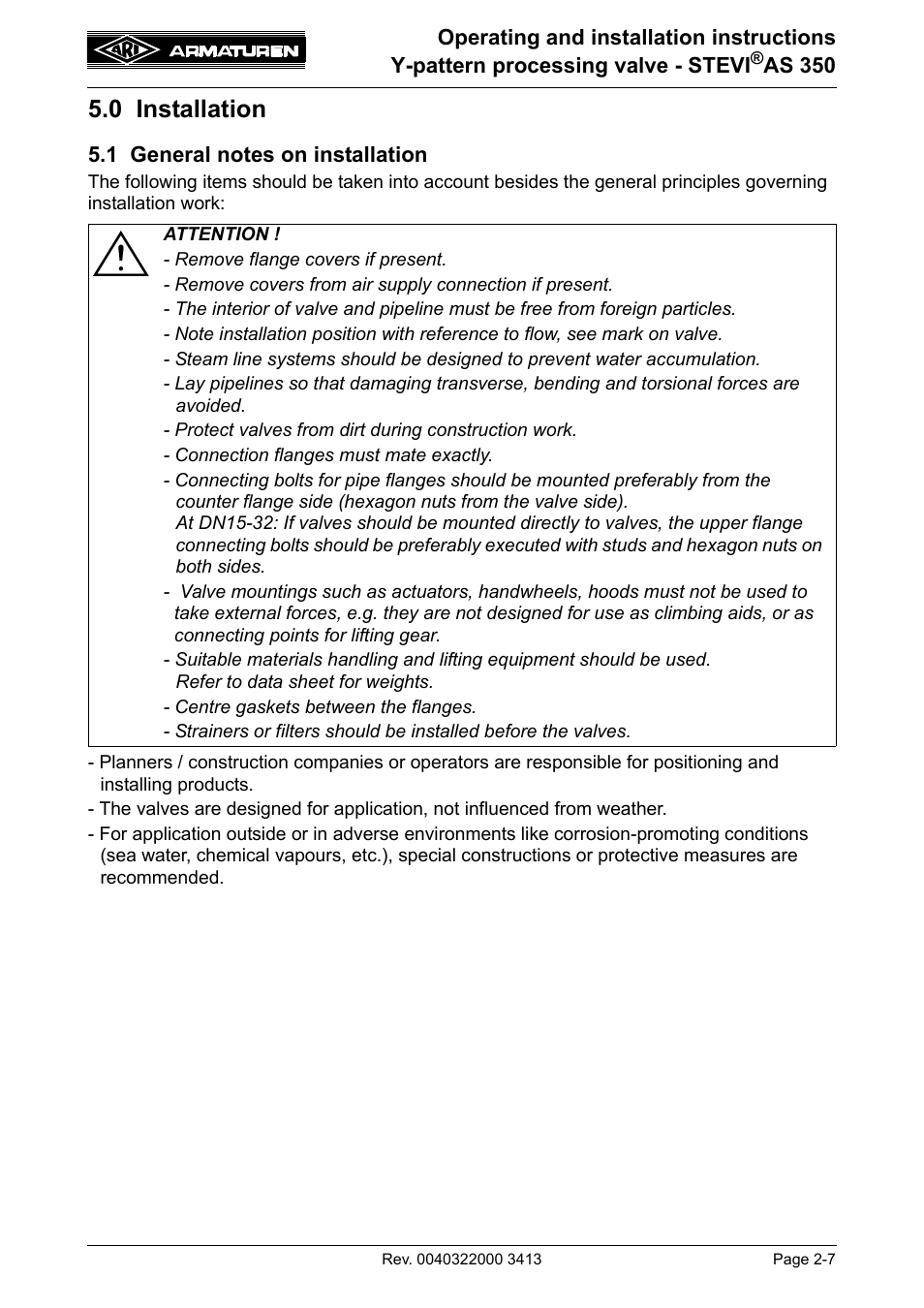0 installation, 1 general notes on installation, 0 installation -7 | 1 general notes on installation -7 | ARI Armaturen STEVI AS 350 DN15-50 EN User Manual | Page 7 / 13