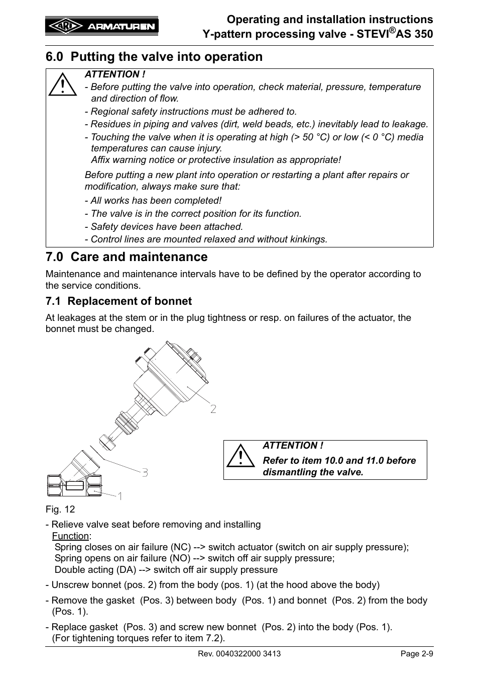 0 putting the valve into operation, 0 care and maintenance, 1 replacement of bonnet | 1 replacement of bonnet -9 | ARI Armaturen STEVI AS 350 DN15-50 EN User Manual | Page 9 / 13