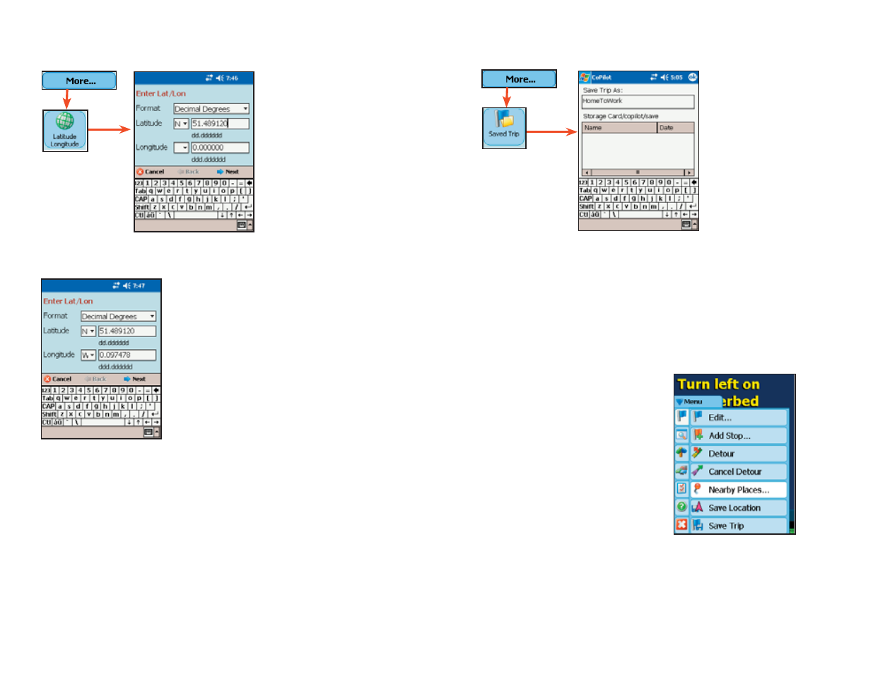 Saved trip nearby places search closing copilot, Latitude/longitude | ALK Technologies Pocket PC 6 Bluetooth User Manual | Page 23 / 58