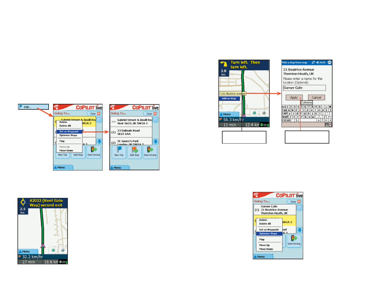 Trip editing and waypoints, Getting eta’s and distances, Picking stops from the map | Optimizing stops | ALK Technologies Pocket PC 6 Bluetooth User Manual | Page 26 / 58