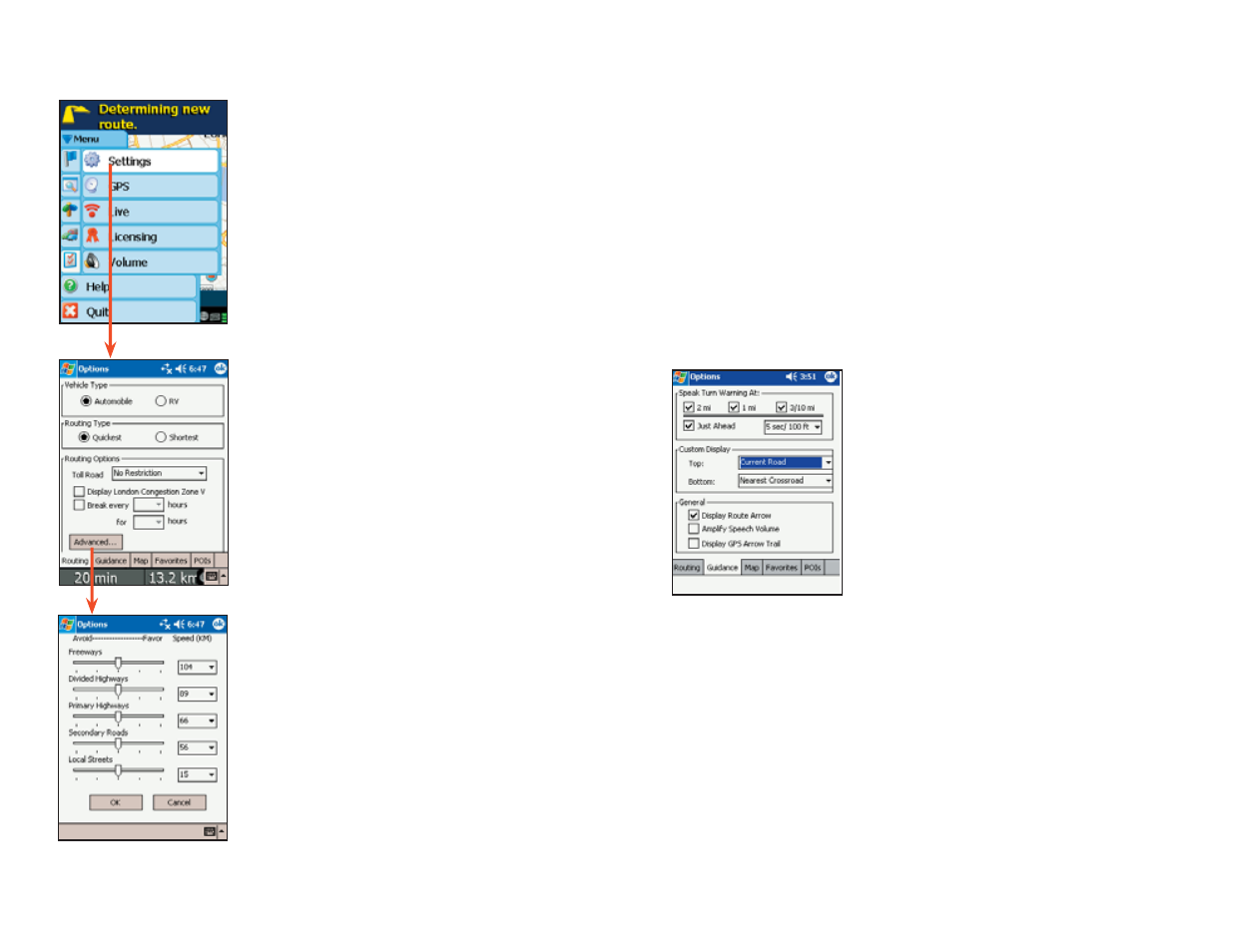 Settings menu, Guidance, Routing | ALK Technologies Pocket PC 6 Bluetooth User Manual | Page 28 / 58