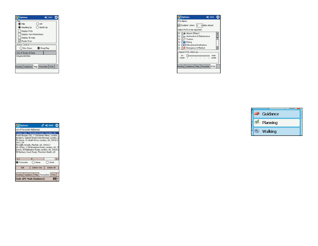 Modes menu, Favourites, Pois | Guidance mode, Walking mode, Planning mode | ALK Technologies Pocket PC 6 Bluetooth User Manual | Page 29 / 58