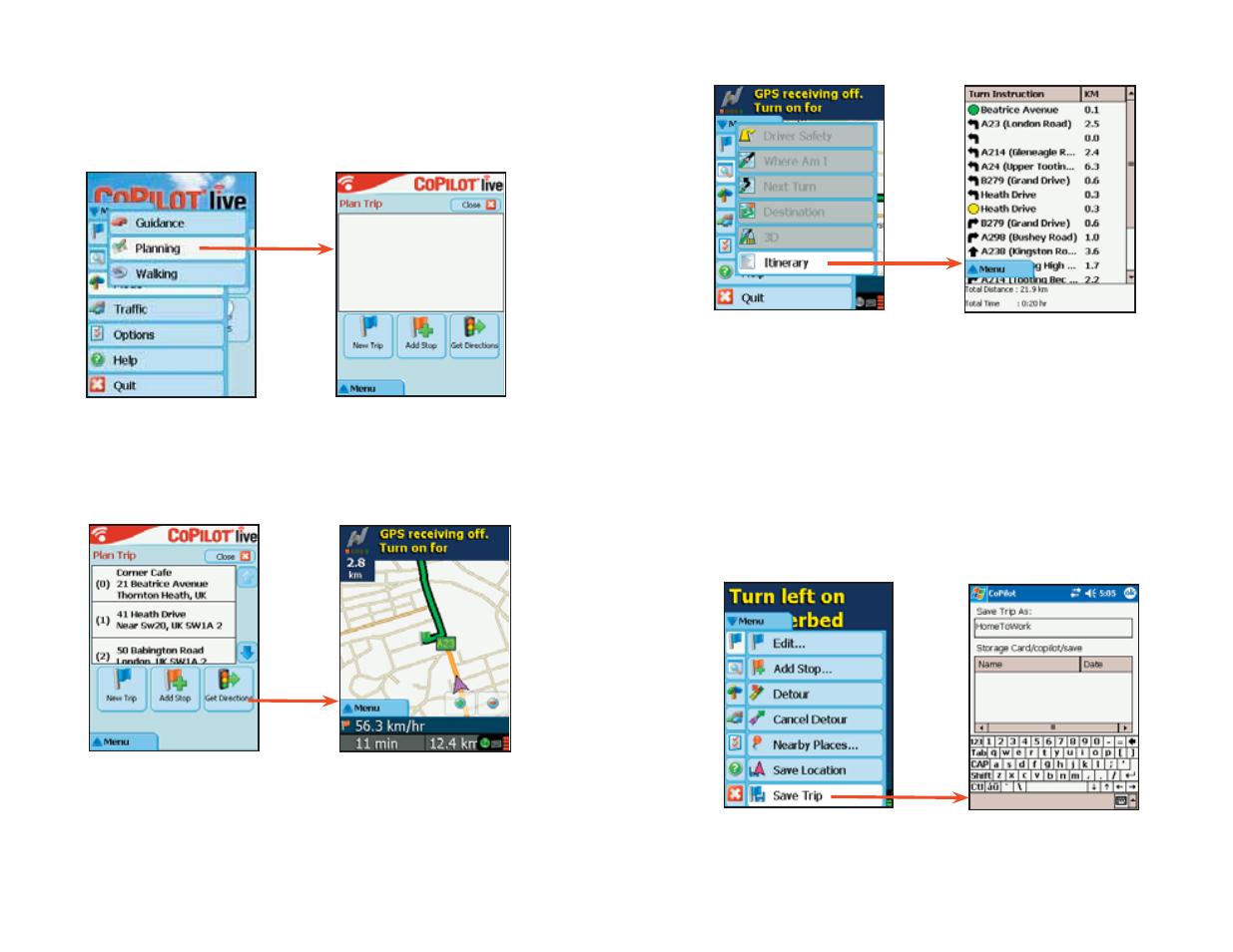 Trip planning on your pocket pc, Saving and loading trip itineraries | ALK Technologies Pocket PC 6 Bluetooth User Manual | Page 35 / 58