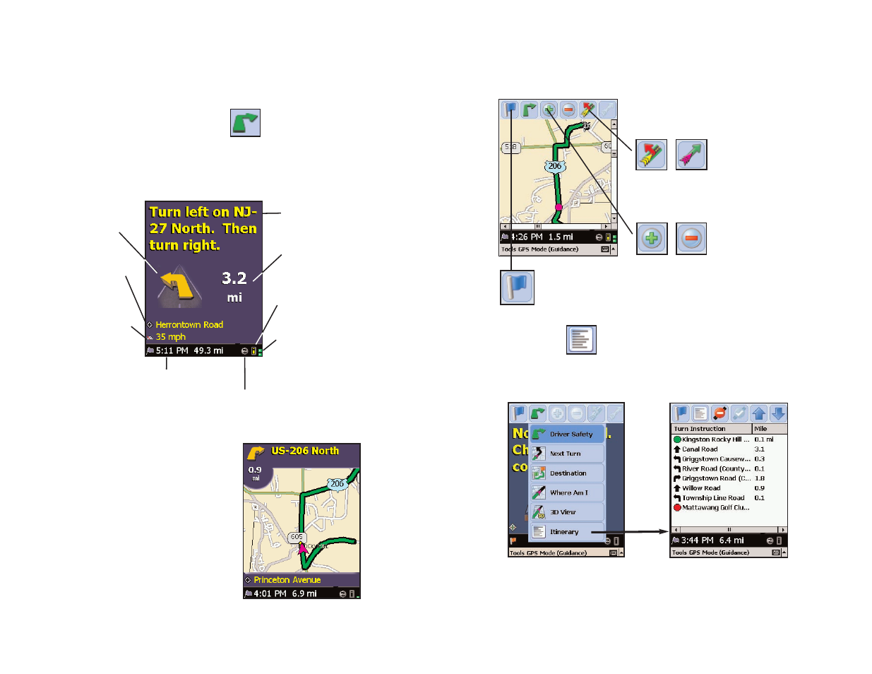 Driver safety/map/itinerary screens, Itinerary, Driver safety screen map screen | ALK Technologies Pocket PC 5 User Manual | Page 29 / 63
