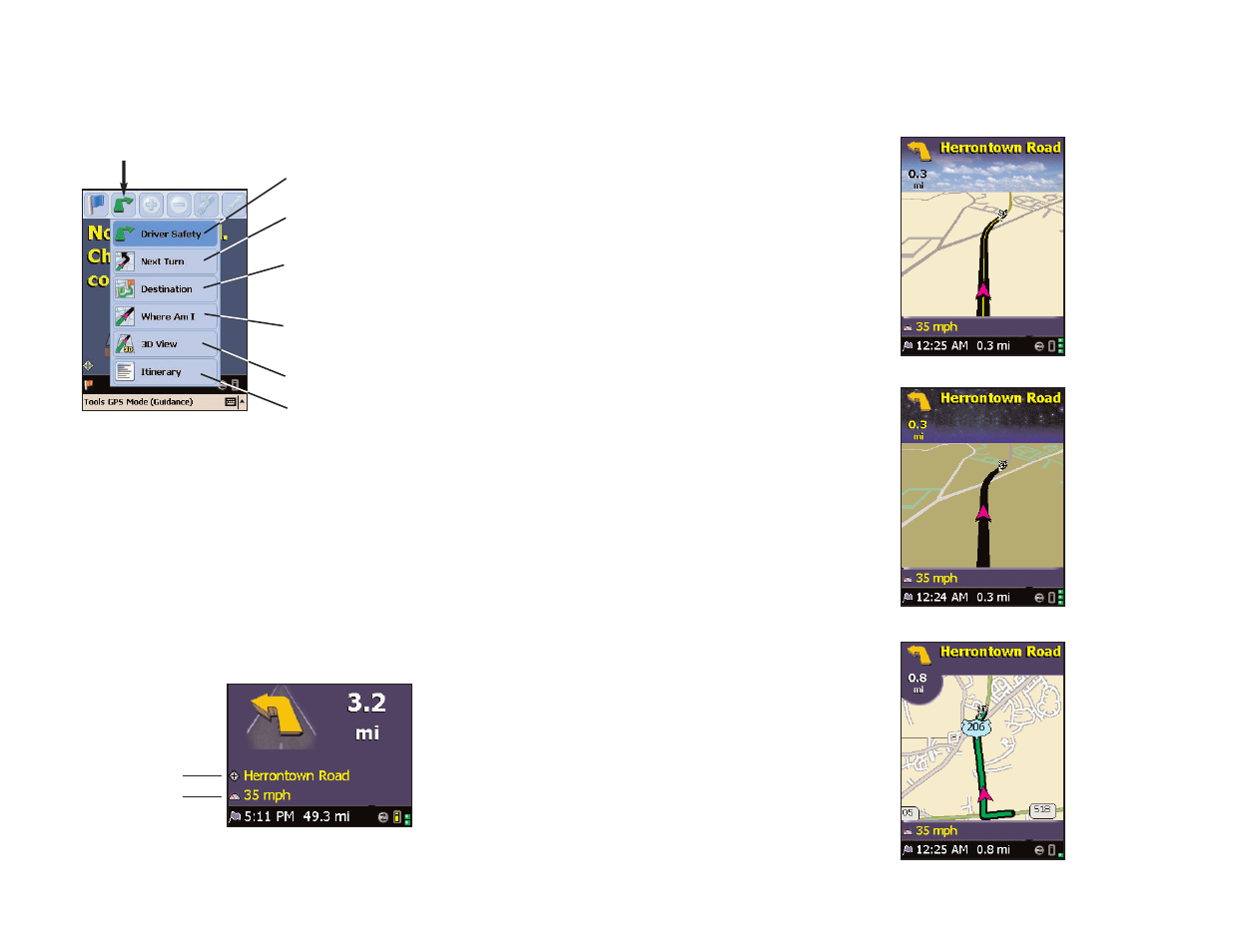 Map modes, Navigating through copilot screens, Customizing the guidance screens | 3d perspective, Night mode, Route over | ALK Technologies Pocket PC 5 User Manual | Page 30 / 63