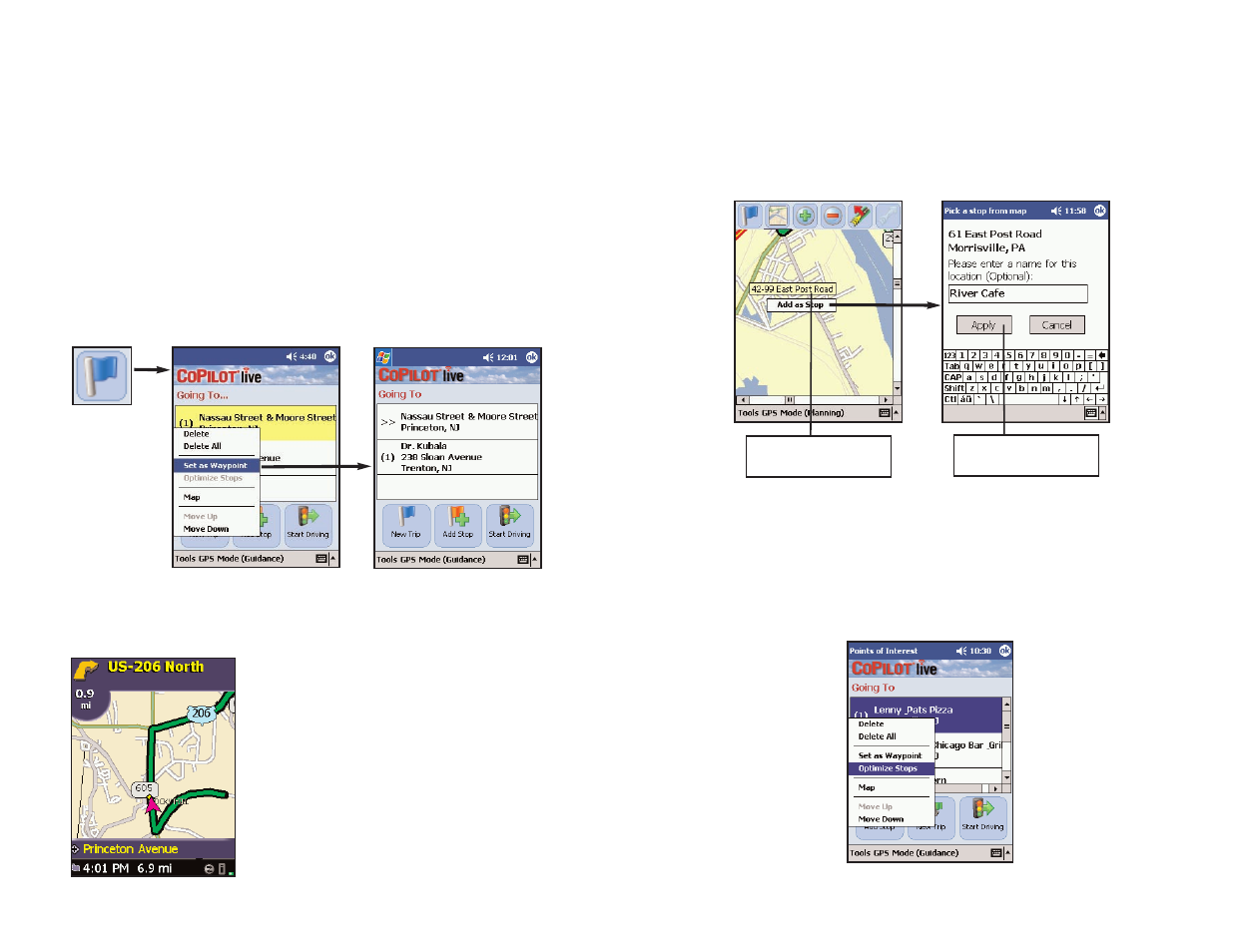 Trip editing and waypoints, Getting eta’s and distances, Picking stops from the map | Optimizing stops | ALK Technologies Pocket PC 5 User Manual | Page 31 / 63
