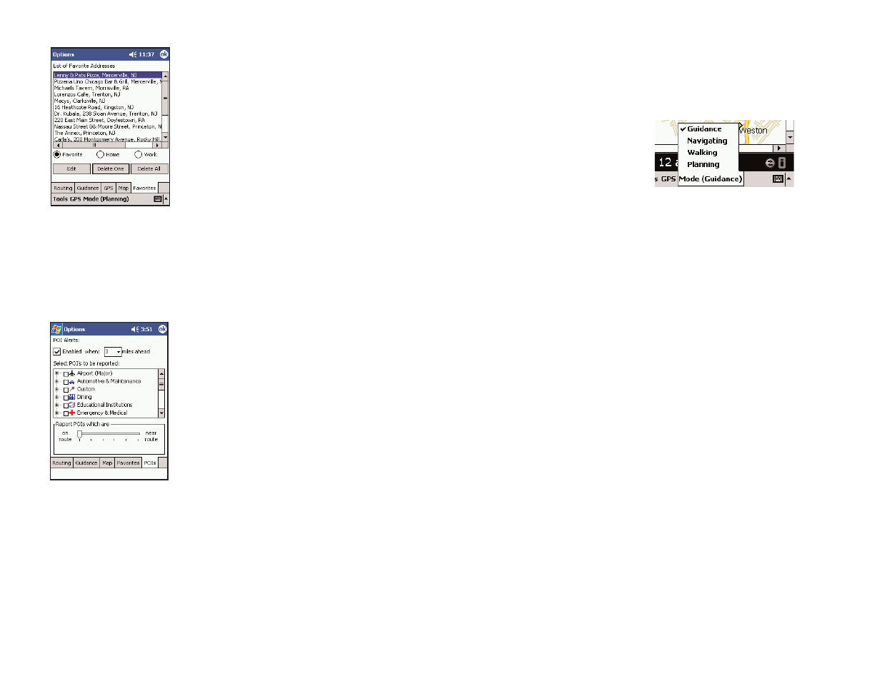 Modes menu, Favorites, Pois | Guidance mode, Navigating mode, Walking mode, Planning mode | ALK Technologies Pocket PC 5 User Manual | Page 34 / 63