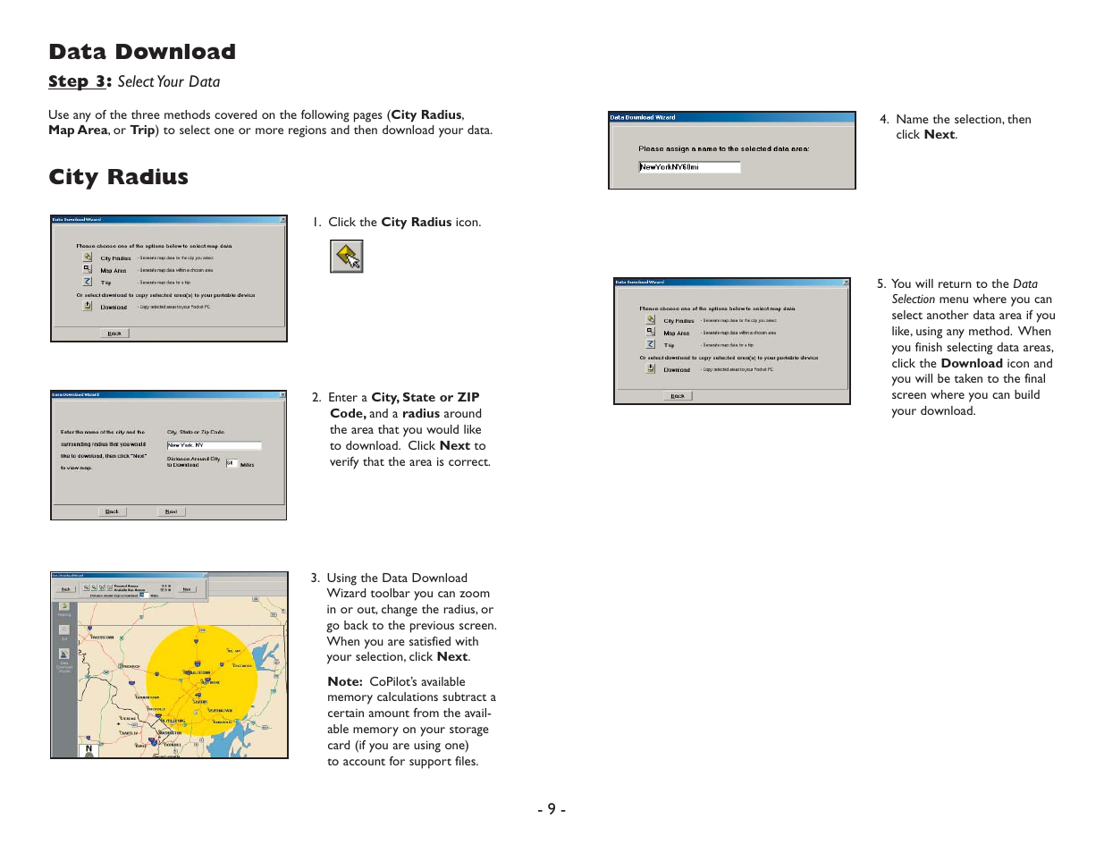 Data download, City radius | ALK Technologies Pocket PC 6 User Manual | Page 11 / 57