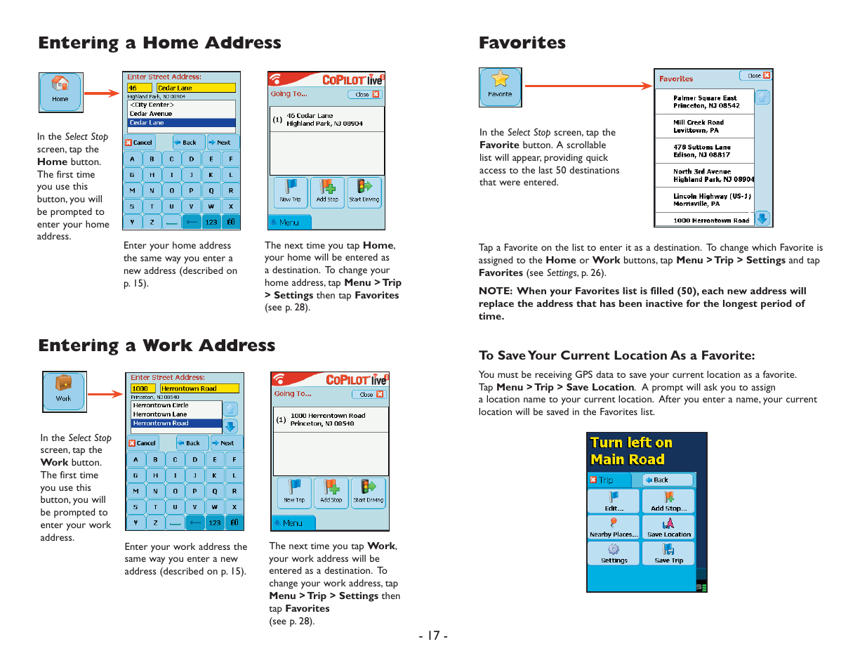 Entering a home address entering a work address, Favorites | ALK Technologies Pocket PC 6 User Manual | Page 19 / 57