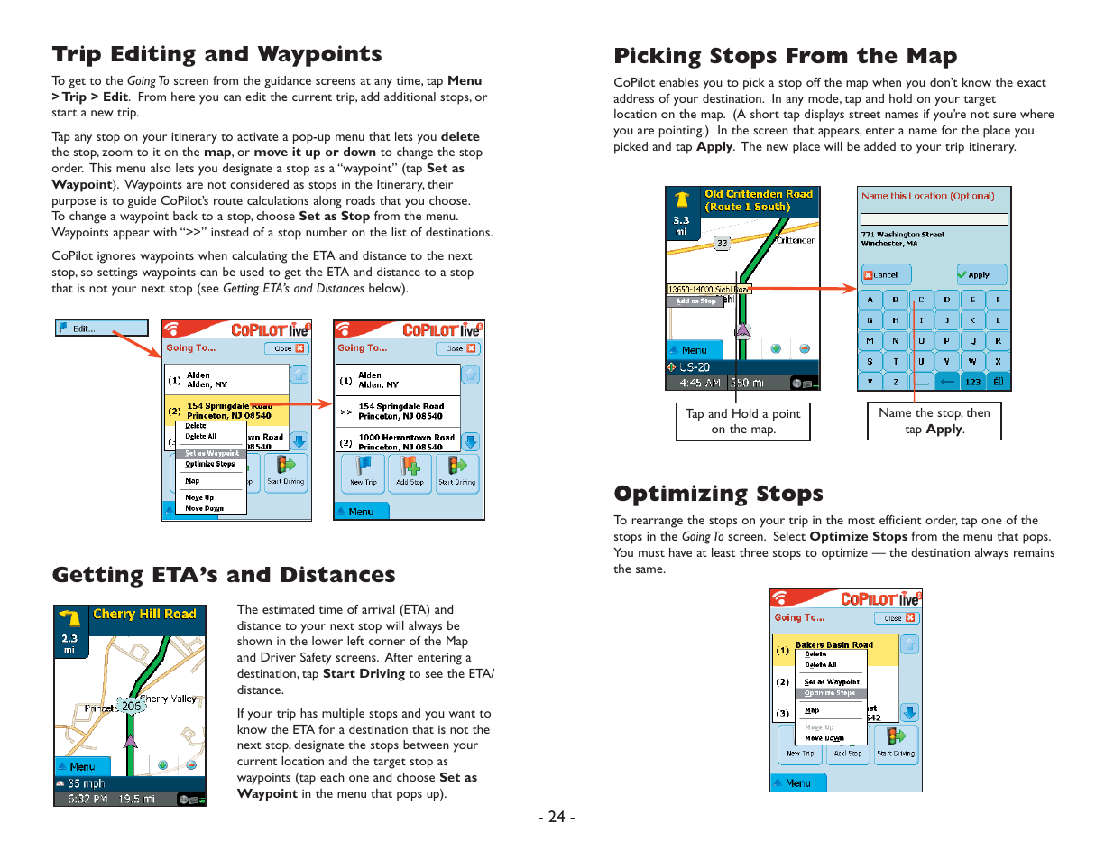 Trip editing and waypoints, Getting eta’s and distances, Picking stops from the map | Optimizing stops | ALK Technologies Pocket PC 6 User Manual | Page 26 / 57