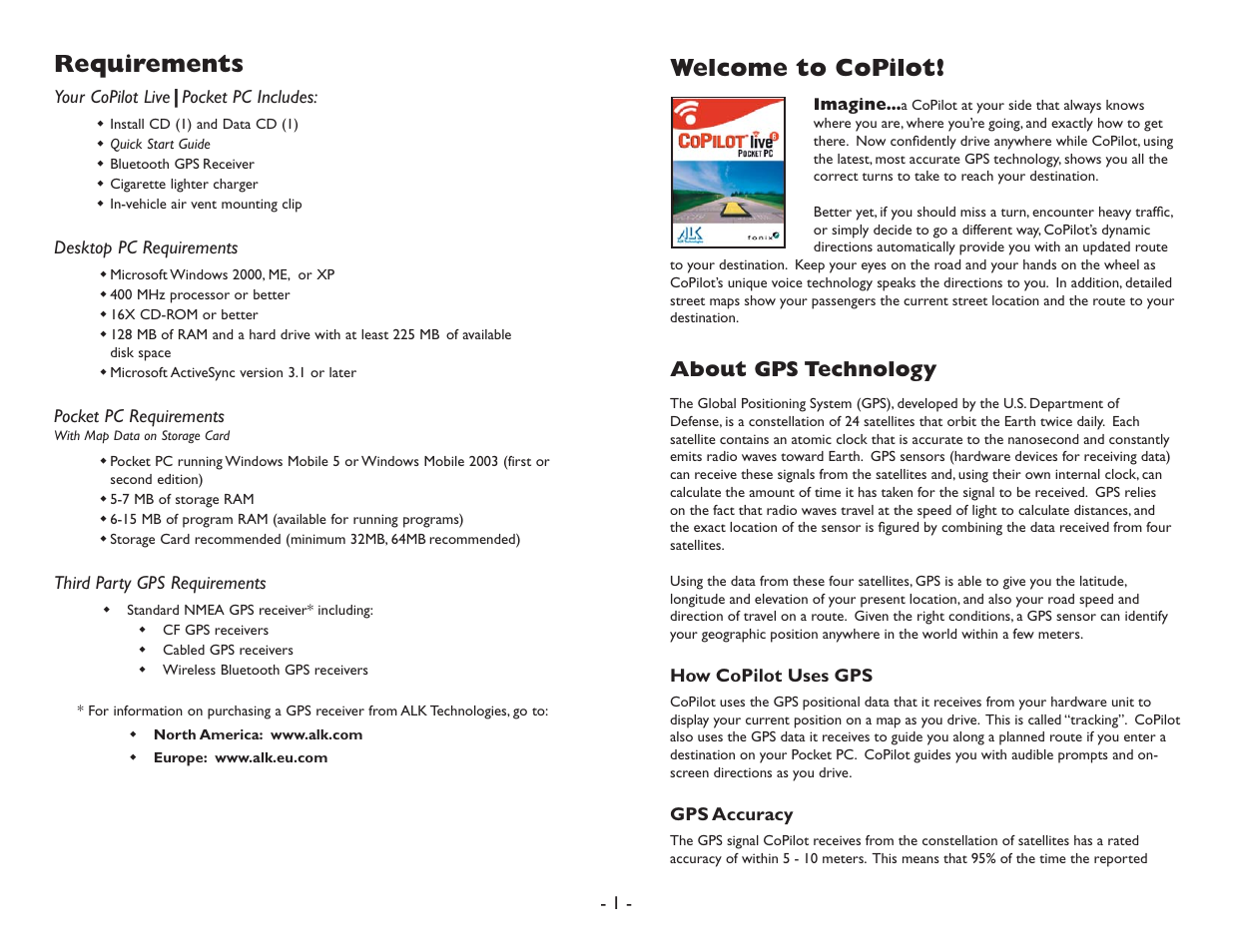 Requirements, Welcome to copilot, About gps technology | ALK Technologies Pocket PC 6 User Manual | Page 3 / 57