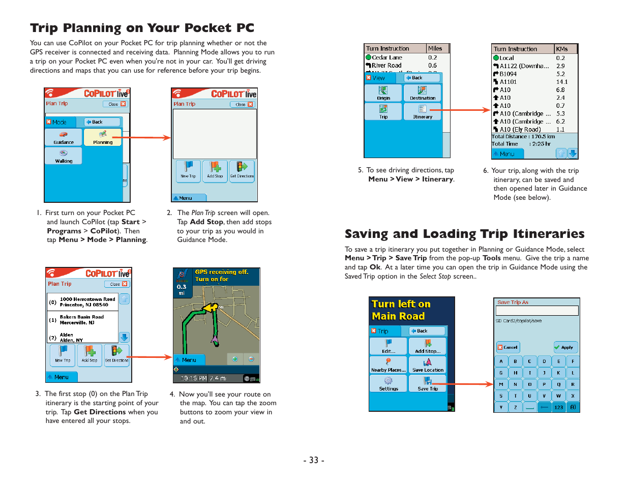 Trip planning on your pocket pc, Saving and loading trip itineraries | ALK Technologies Pocket PC 6 User Manual | Page 35 / 57