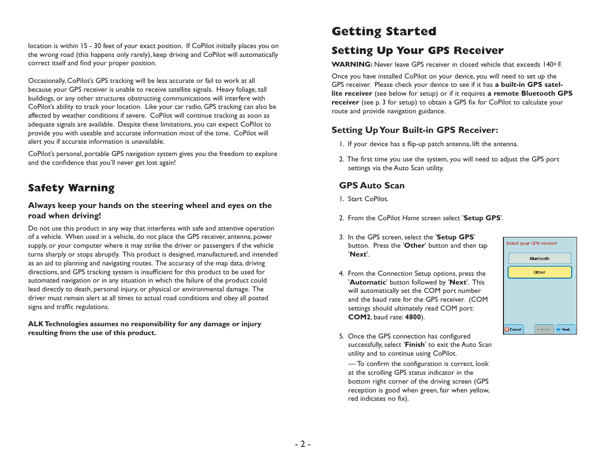Getting started, Safety warning, Setting up your gps receiver | ALK Technologies Pocket PC 6 User Manual | Page 4 / 57