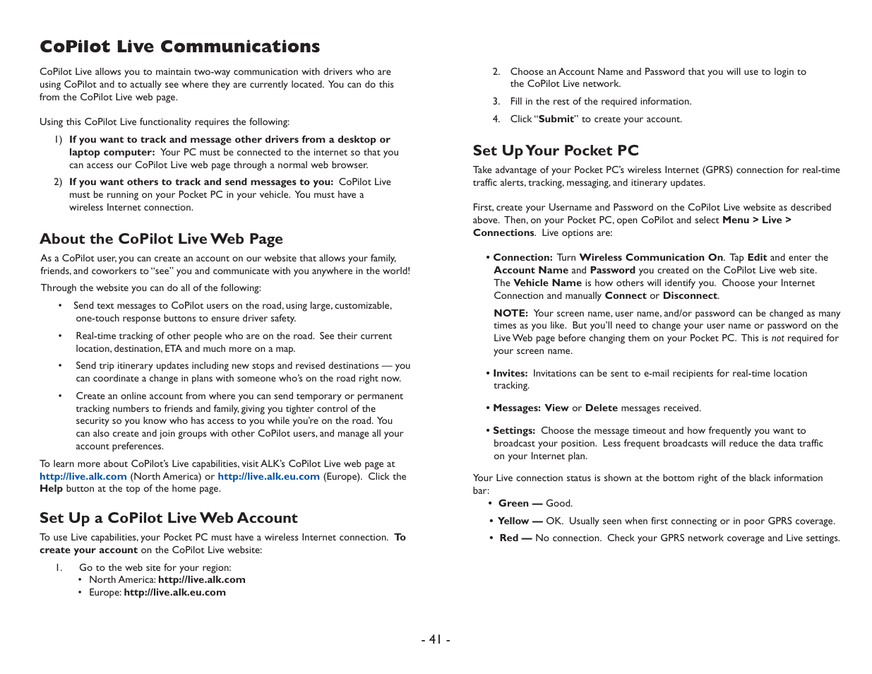 Copilot live communications, About the copilot live web page, Set up a copilot live web account | Set up your pocket pc | ALK Technologies Pocket PC 6 User Manual | Page 43 / 57