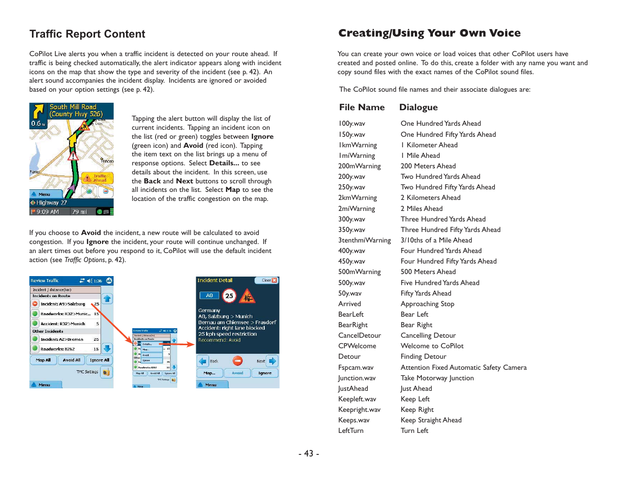 Traffic report content, Creating/using your own voice | ALK Technologies Pocket PC 6 User Manual | Page 45 / 57
