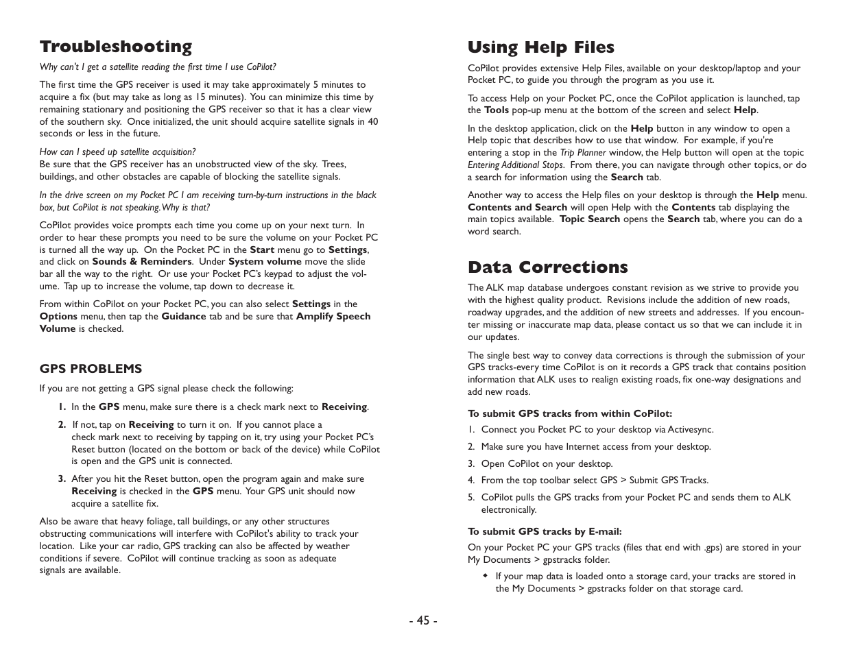 Troubleshooting, Using help files, Data corrections | ALK Technologies Pocket PC 6 User Manual | Page 47 / 57