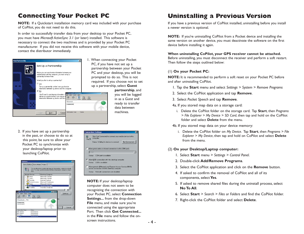 Uninstalling a previous version, Connecting your pocket pc | ALK Technologies Pocket PC 6 User Manual | Page 6 / 57