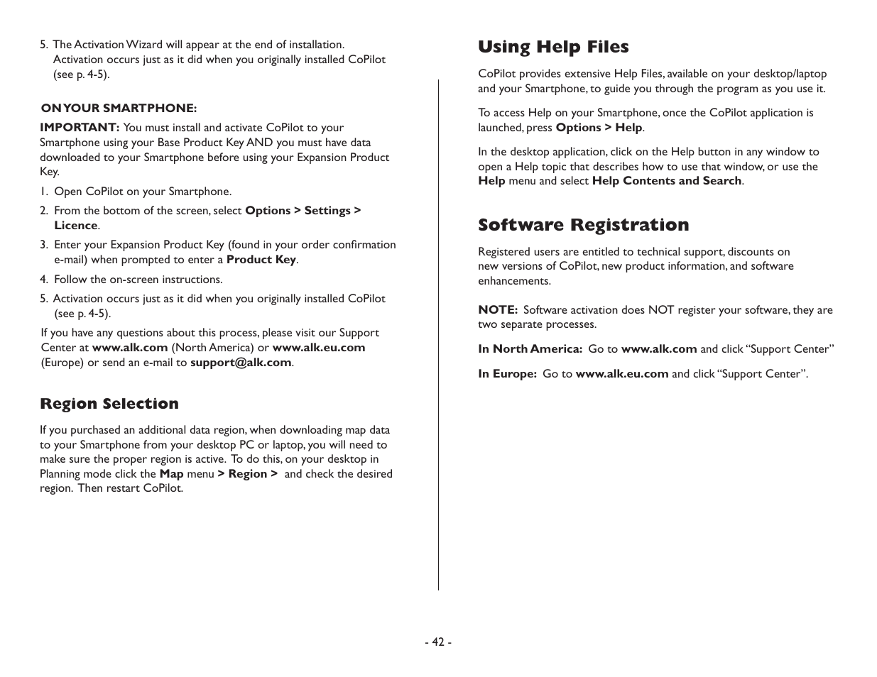 Using help files, Software registration | ALK Technologies CoPilot Symbian S60 User Manual | Page 44 / 51