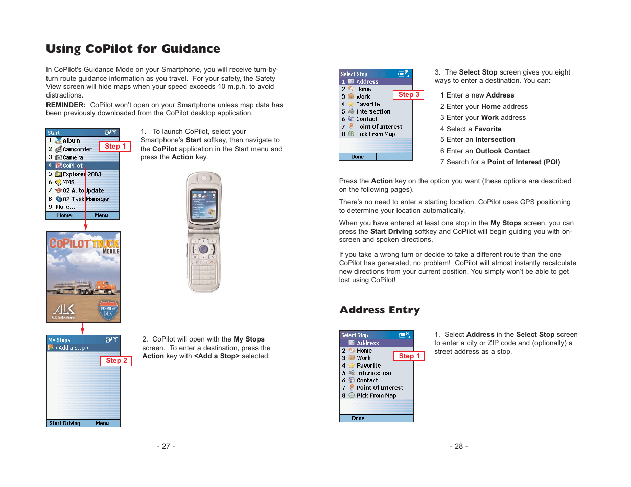Using copilot for guidance, Address entry | ALK Technologies CoPilot Truck User Manual | Page 16 / 43