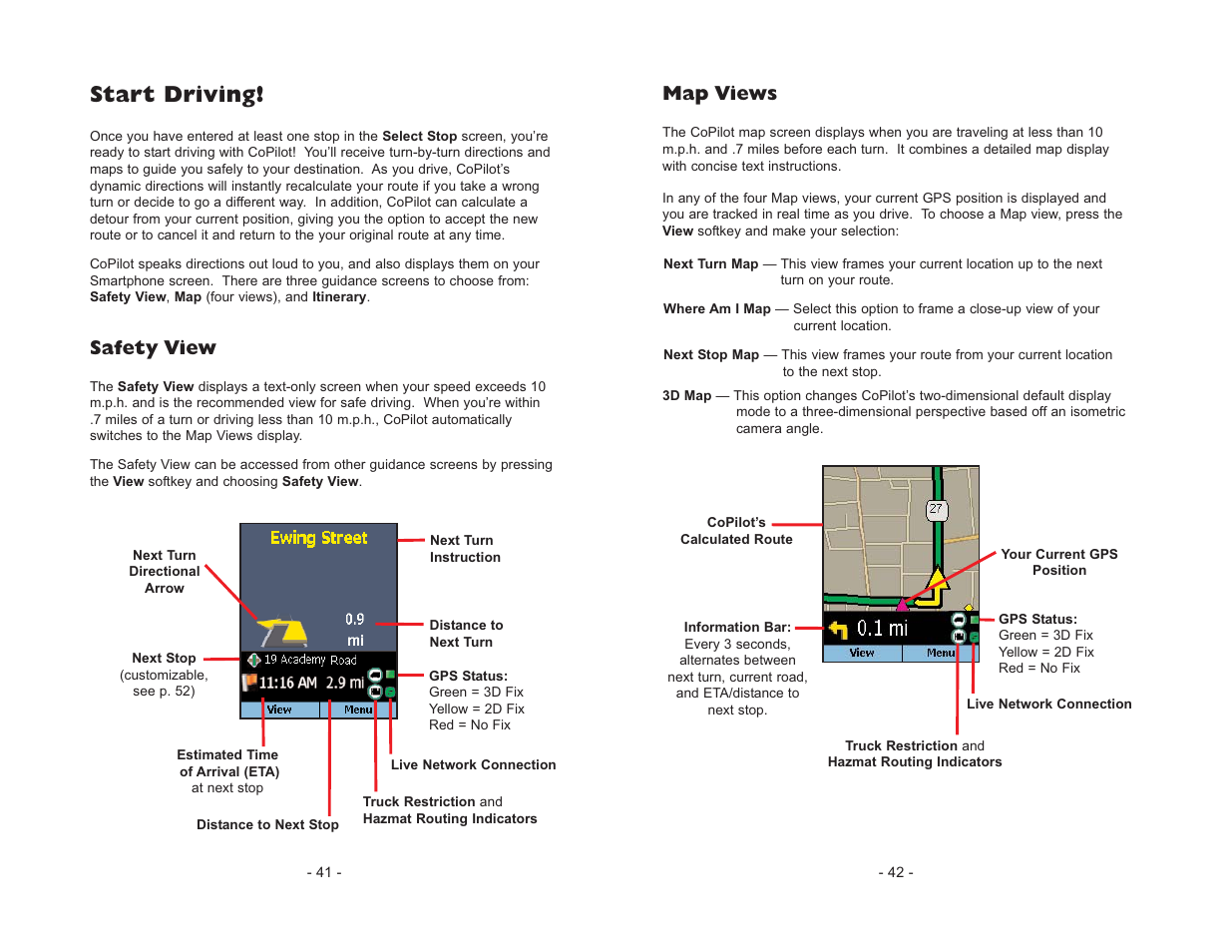 Start driving, Safety view, Map views | ALK Technologies CoPilot Truck User Manual | Page 23 / 43