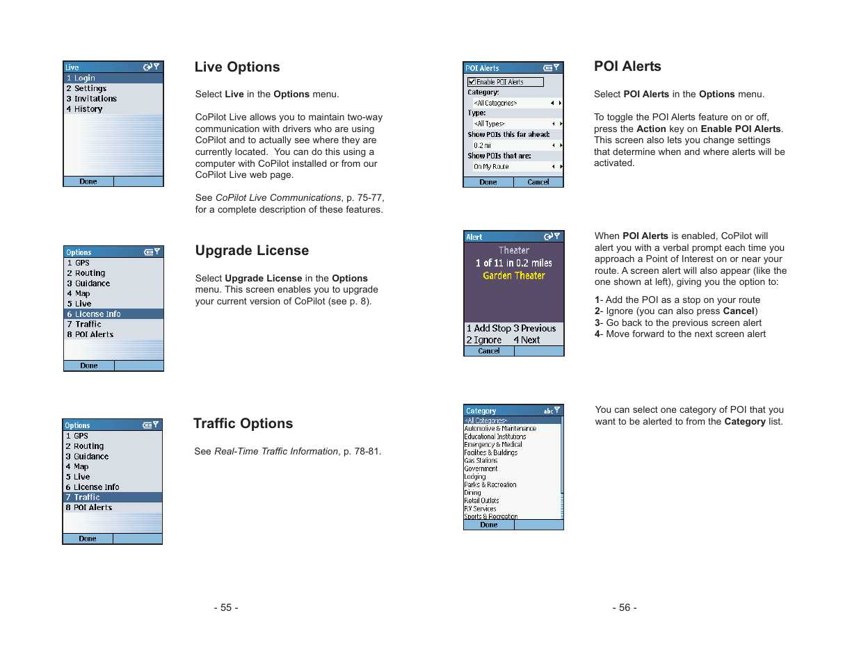 Poi alerts, Live options, Upgrade license | Traffic options | ALK Technologies CoPilot Truck User Manual | Page 30 / 43