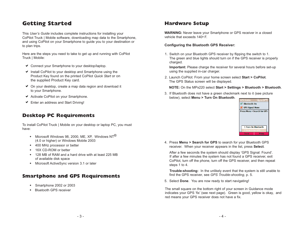 Getting started, Desktop pc requirements, Smartphone and gps requirements | Hardware setup | ALK Technologies CoPilot Truck User Manual | Page 4 / 43