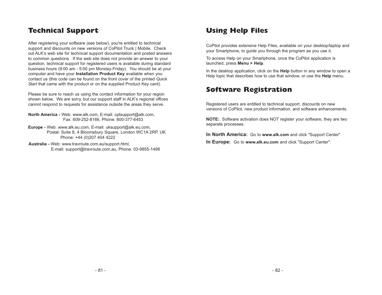 Technical support, Using help files, Software registration | ALK Technologies CoPilot Truck User Manual | Page 43 / 43