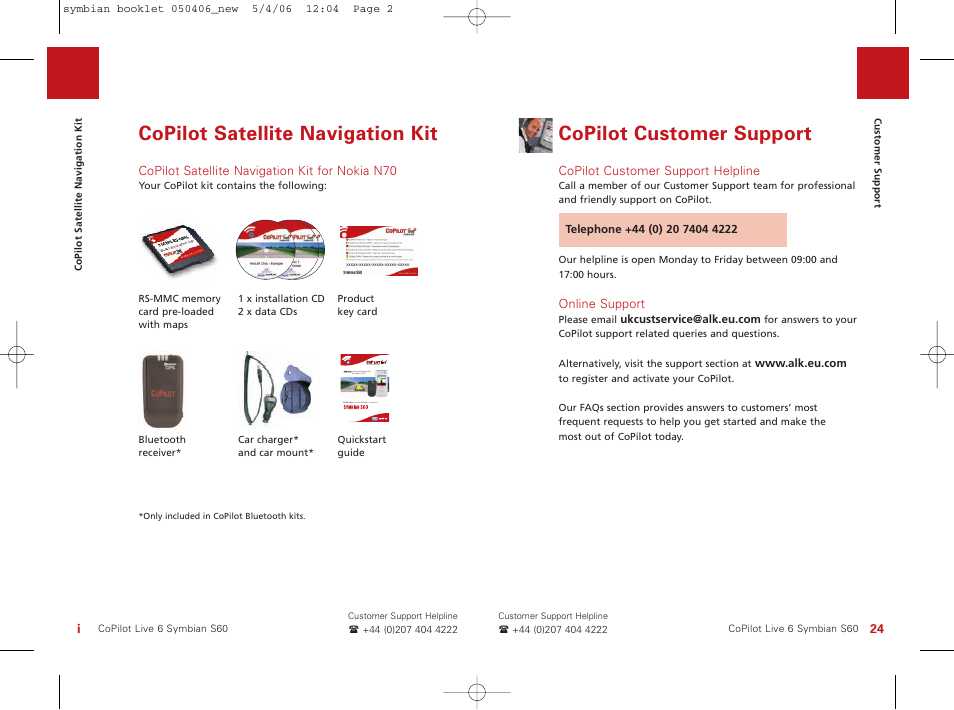 Copilot satellite navigation kit, Copilot customer support | ALK Technologies Nokia N70 User Manual | Page 2 / 14