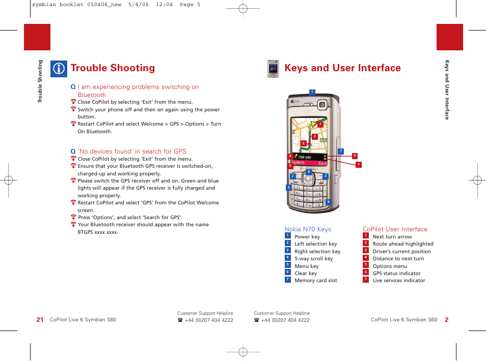 Keys and user interface, Trouble shooting | ALK Technologies Nokia N70 User Manual | Page 5 / 14