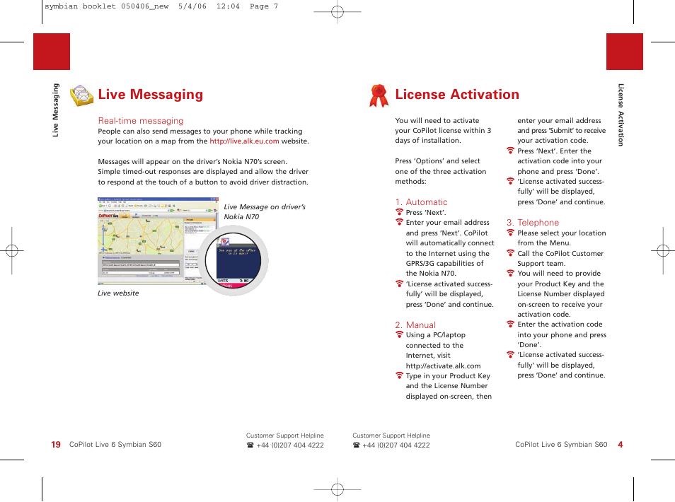 License activation, Live messaging | ALK Technologies Nokia N70 User Manual | Page 7 / 14