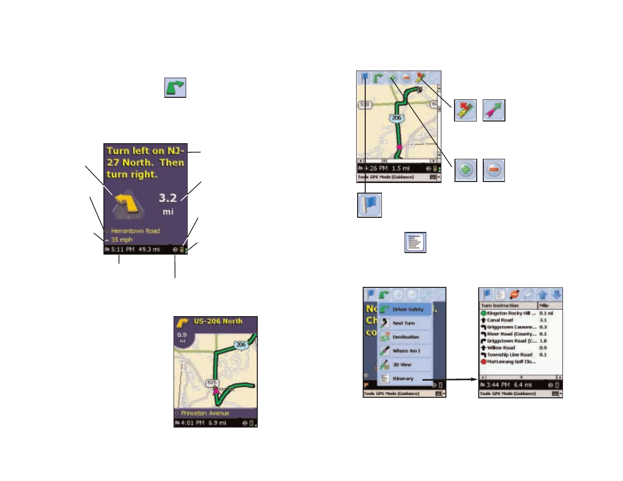 Driver safety/map/itinerary screens, Itinerary, Driver safety screen map screen | ALK Technologies PC5 User Manual | Page 29 / 63