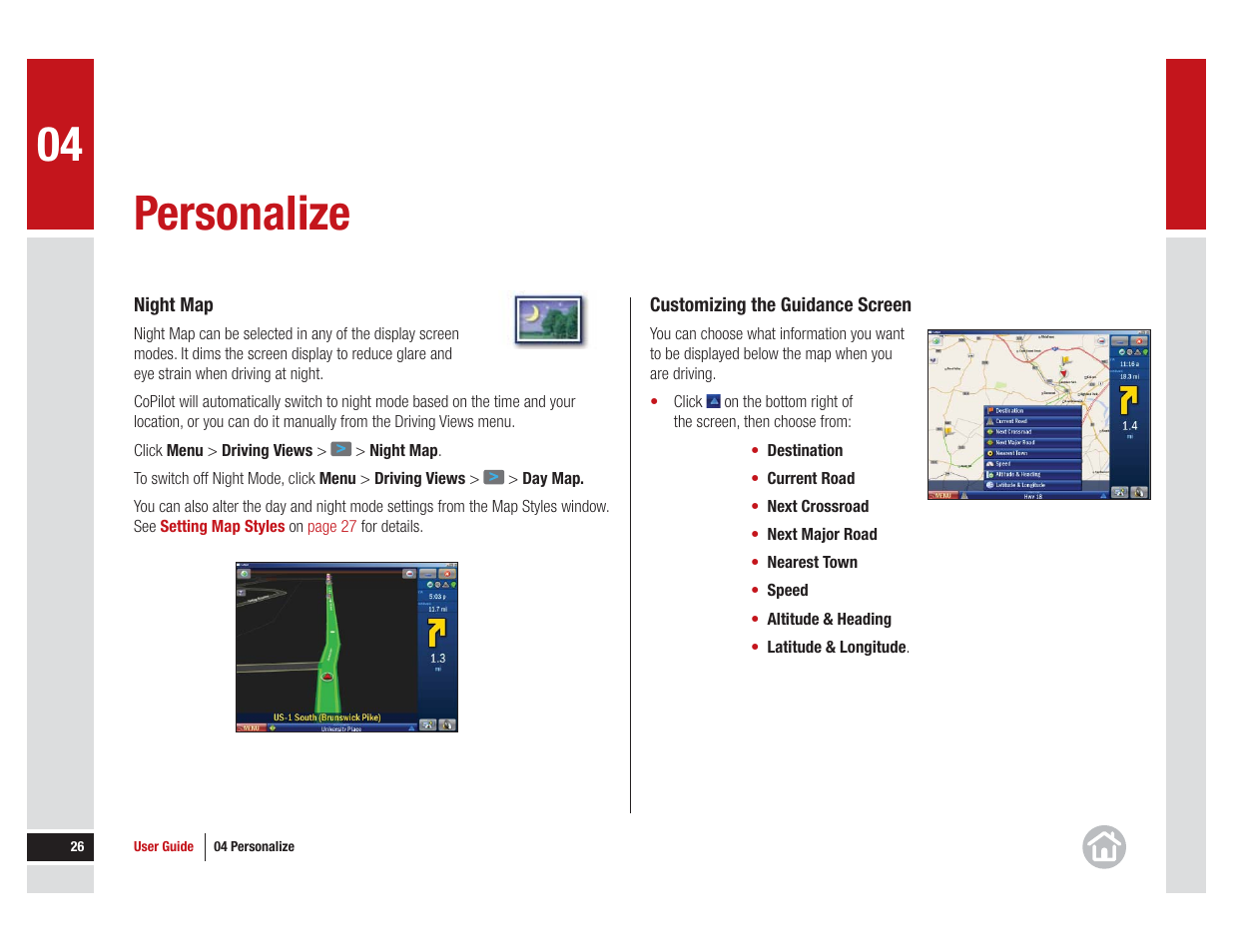 Customizing the guidance screen, Personalize | ALK Technologies CoPilot Live 11 User Manual | Page 26 / 43