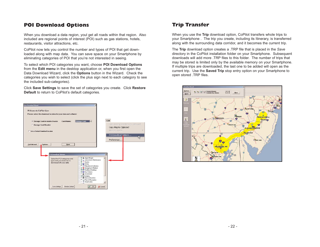 Poi download options, Trip transfer | ALK Technologies CoPilot Live Smartphone User Manual | Page 13 / 42