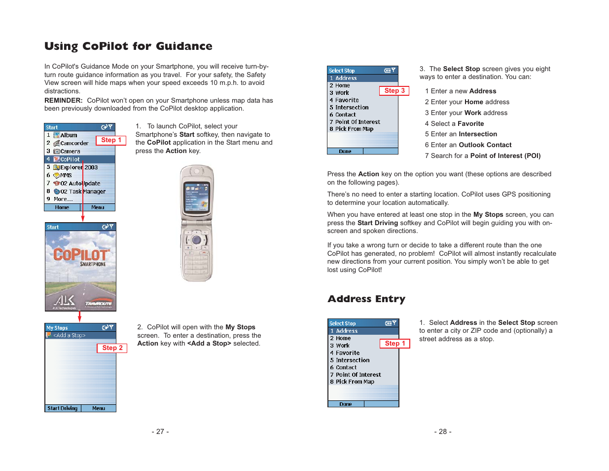 Using copilot for guidance, Address entry | ALK Technologies CoPilot Live Smartphone User Manual | Page 16 / 42