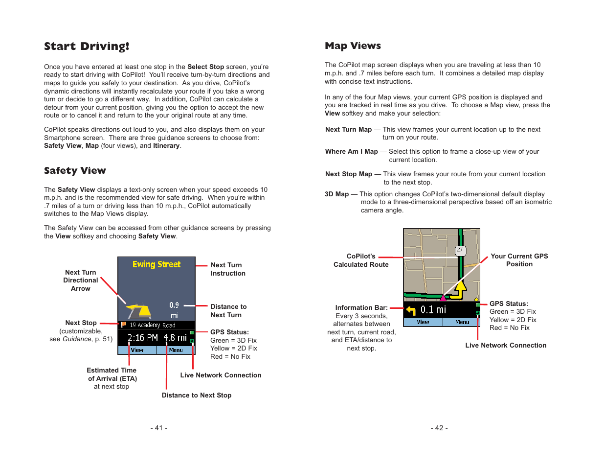Start driving, Safety view, Map views | ALK Technologies CoPilot Live Smartphone User Manual | Page 23 / 42