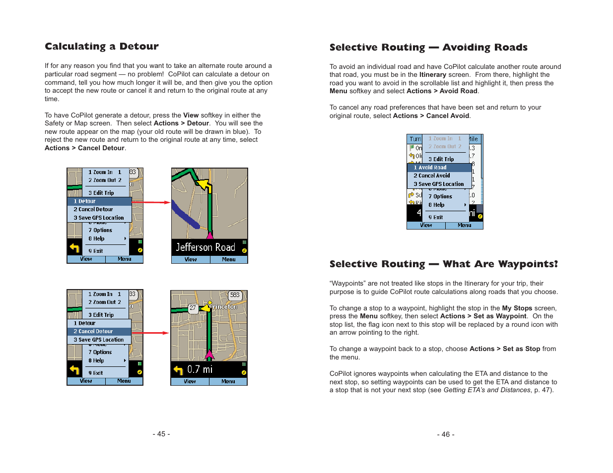 Calculating a detour, Selective routing — avoiding roads, Selective routing — what are waypoints | ALK Technologies CoPilot Live Smartphone User Manual | Page 25 / 42