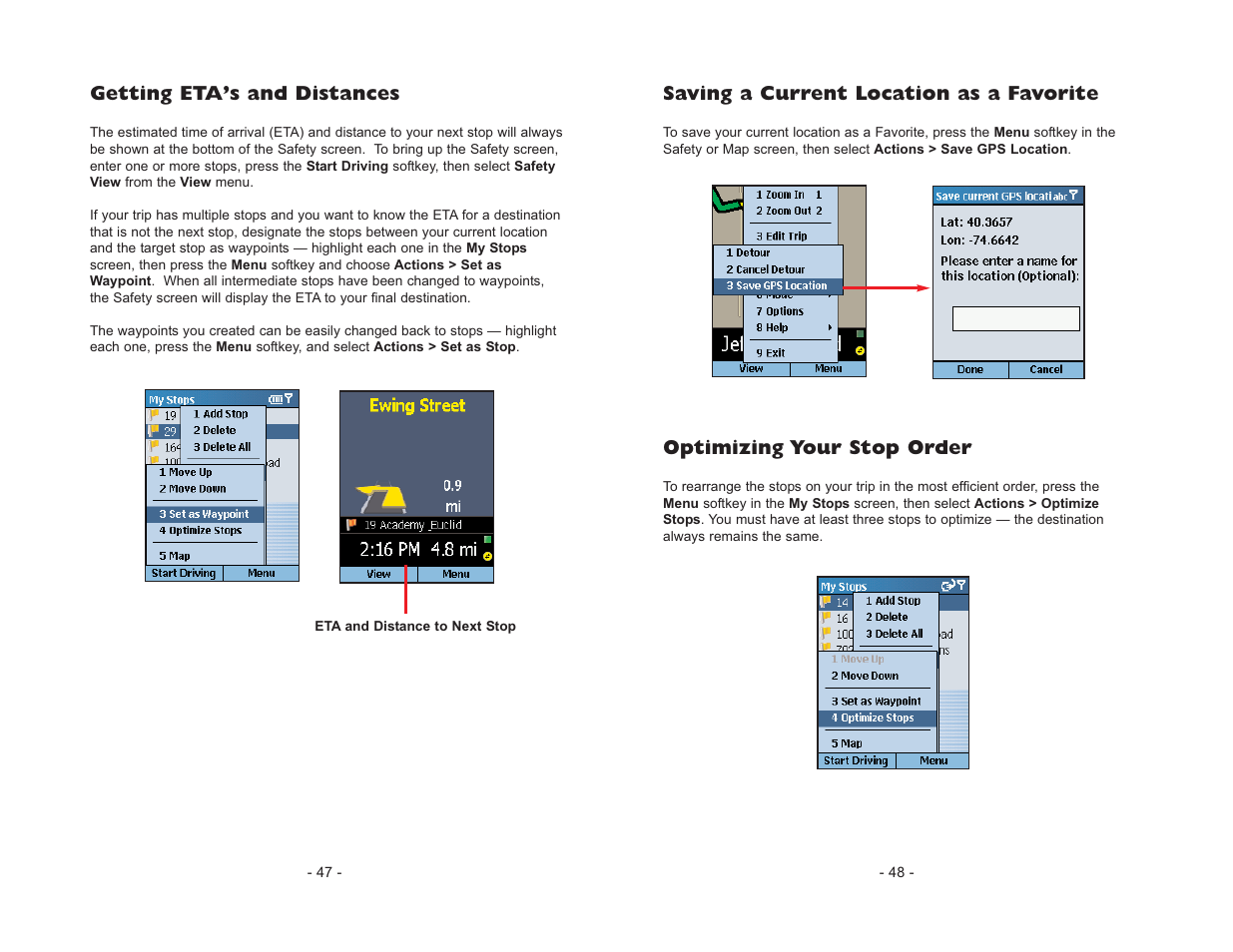 Getting eta’s and distances, Saving a current location as a favorite, Optimizing your stop order | ALK Technologies CoPilot Live Smartphone User Manual | Page 26 / 42