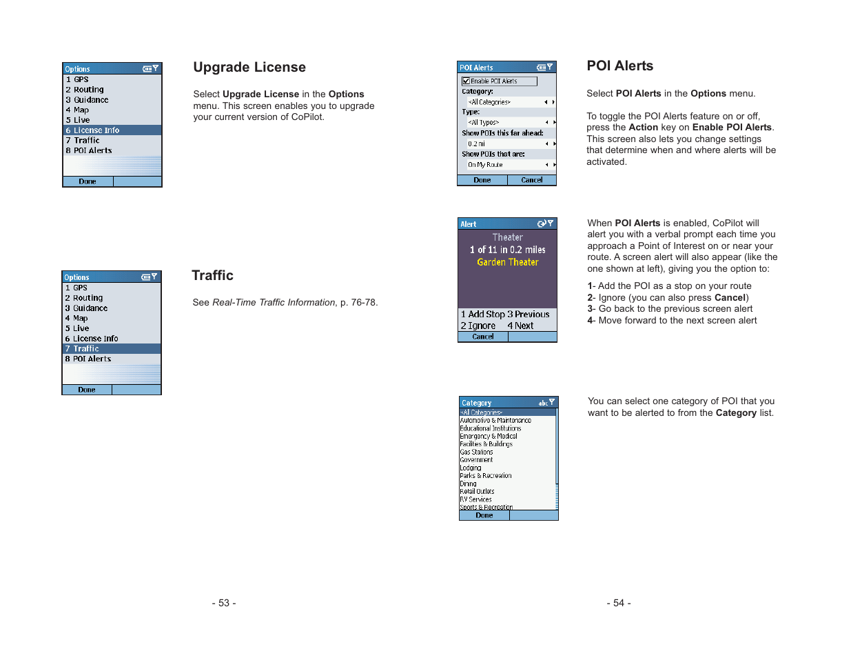 Upgrade license, Poi alerts, Traffic | ALK Technologies CoPilot Live Smartphone User Manual | Page 29 / 42