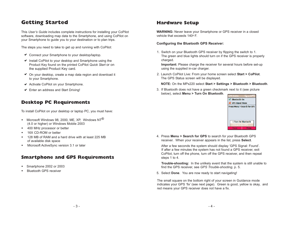 Getting started, Desktop pc requirements, Smartphone and gps requirements | Hardware setup | ALK Technologies CoPilot Live Smartphone User Manual | Page 4 / 42