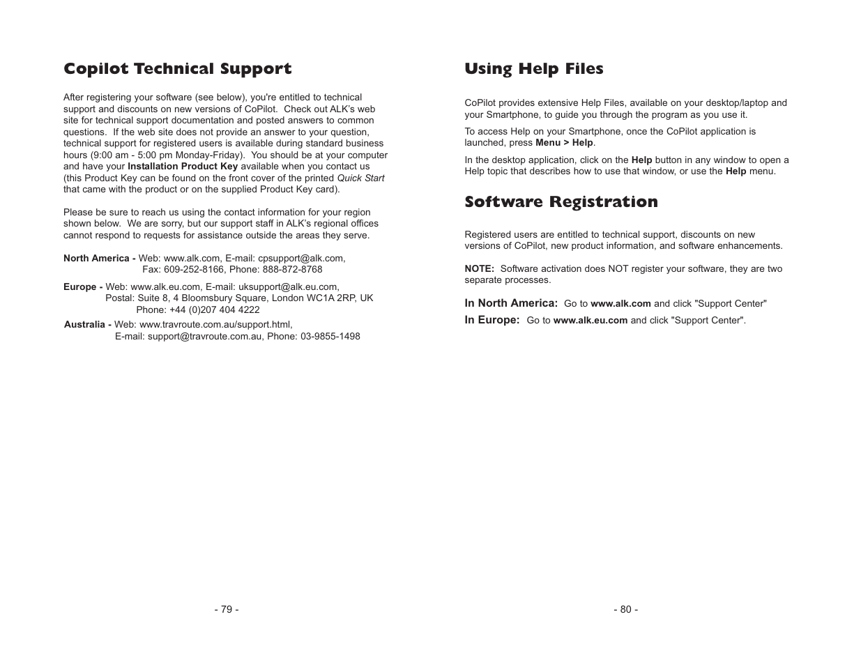 Copilot technical support, Using help files, Software registration | ALK Technologies CoPilot Live Smartphone User Manual | Page 42 / 42