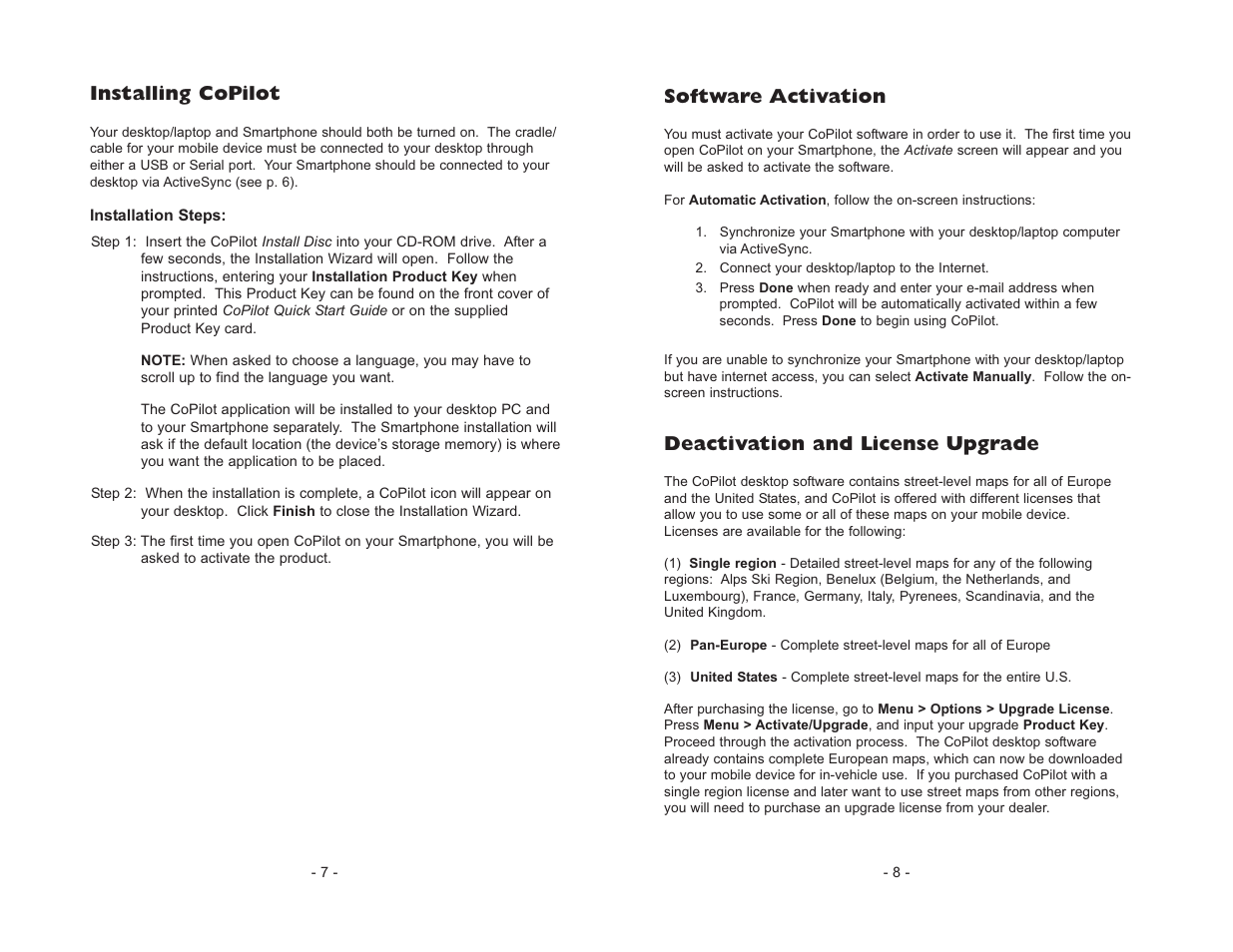 Software activation, Deactivation and license upgrade, Installing copilot | ALK Technologies CoPilot Live Smartphone User Manual | Page 6 / 42