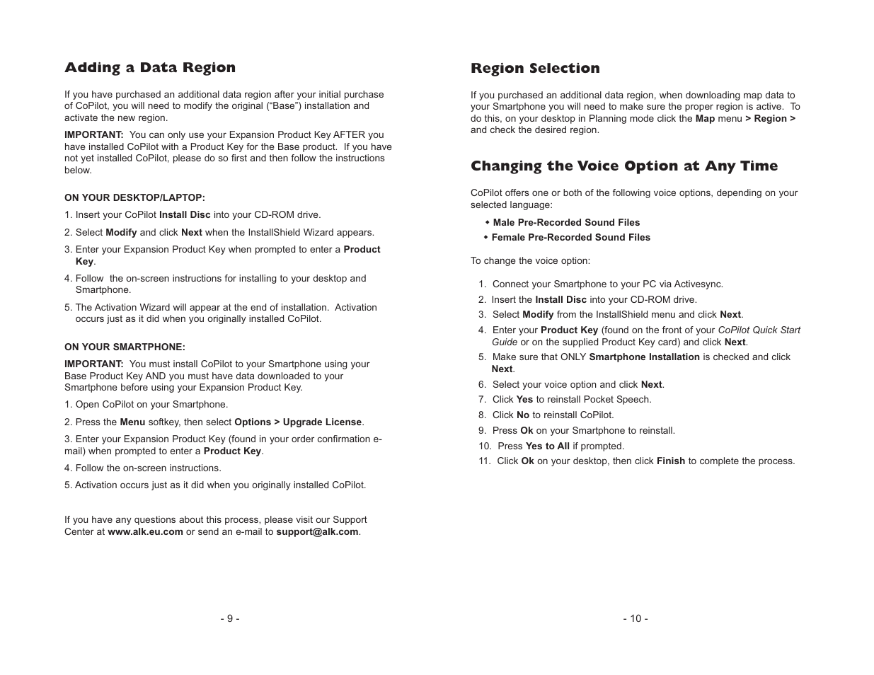 Region selection, Changing the voice option at any time, Adding a data region | ALK Technologies CoPilot Live Smartphone User Manual | Page 7 / 42