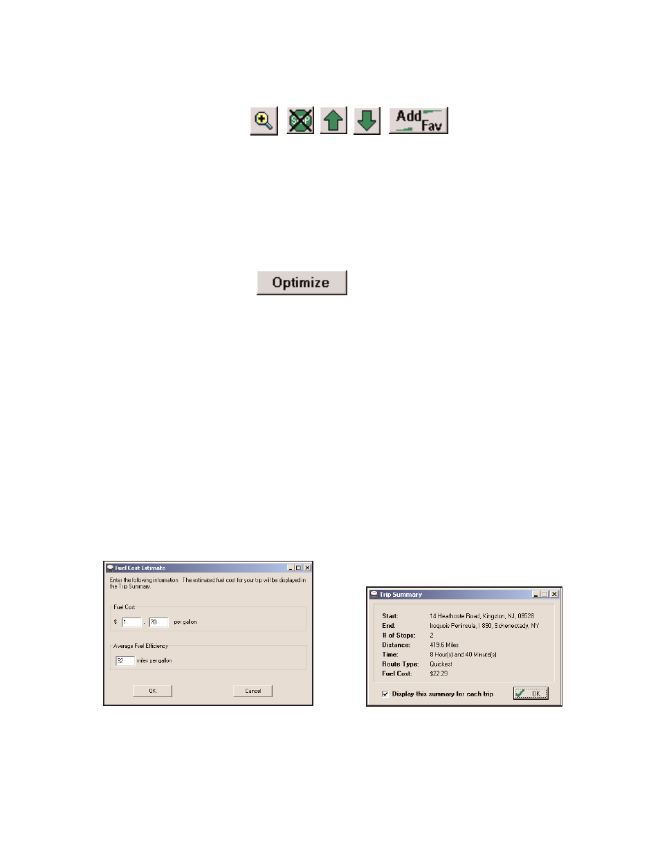 Itinerary buttons, Stop optimization, Fuel cost calculator | ALK Technologies LAPTOP 7 User Manual | Page 48 / 84