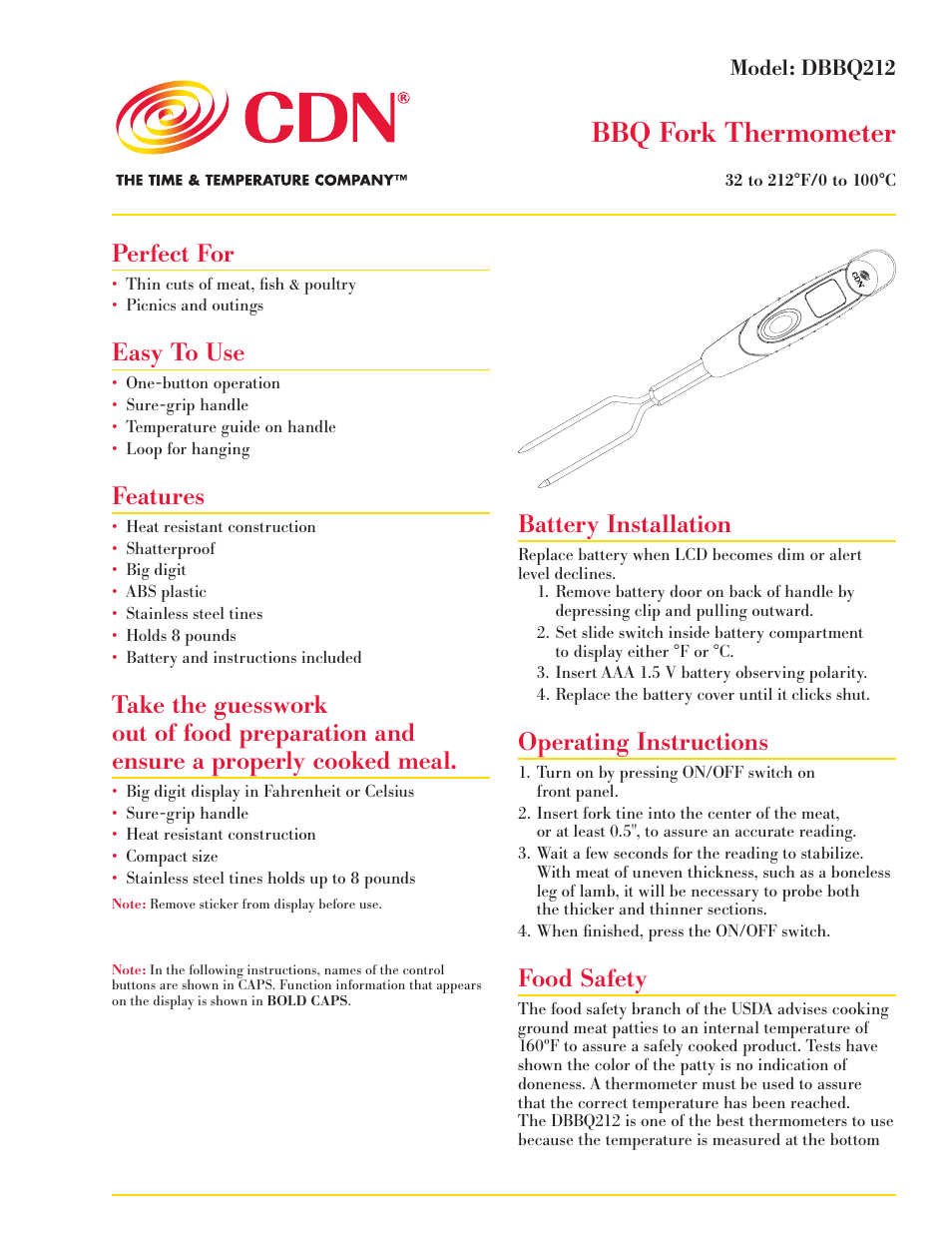 CDN DBBQ212 - BBQ Fork Thermometer EN User Manual | 2 pages