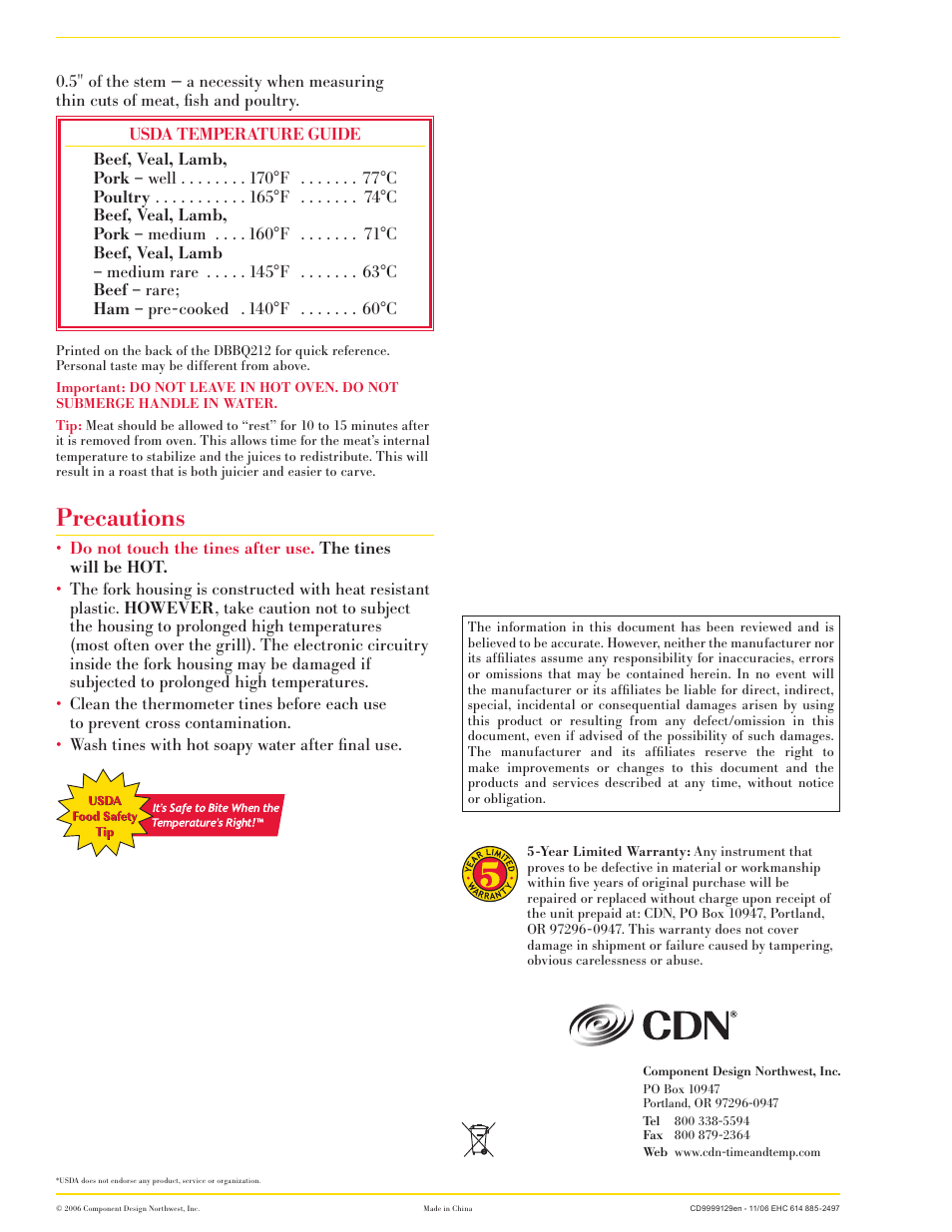 Precautions | CDN DBBQ212 - BBQ Fork Thermometer EN User Manual | Page 2 / 2