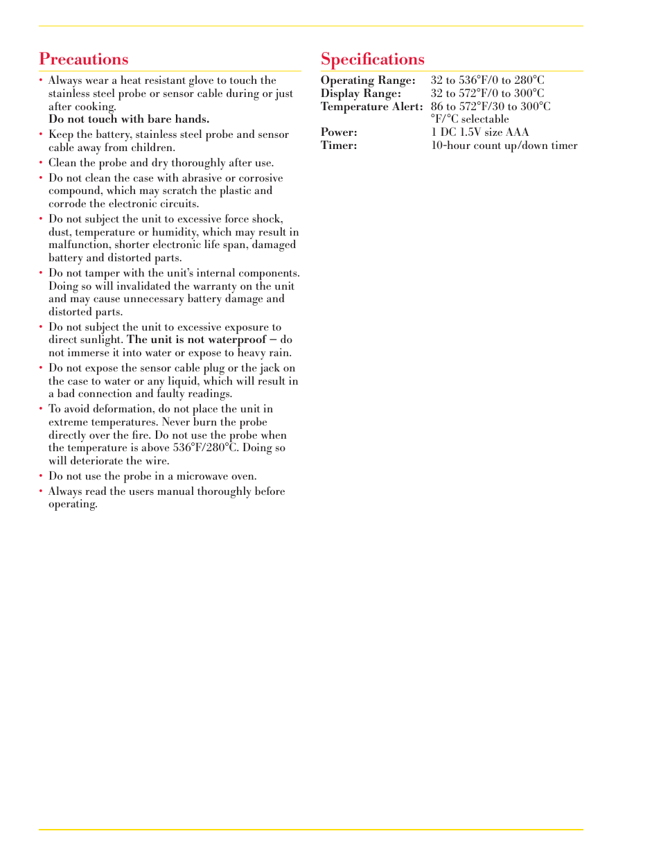 Precautions, Specifications | CDN DSP1 - Dual-S ENsing Probe Thermometer/Timer EN User Manual | Page 4 / 5