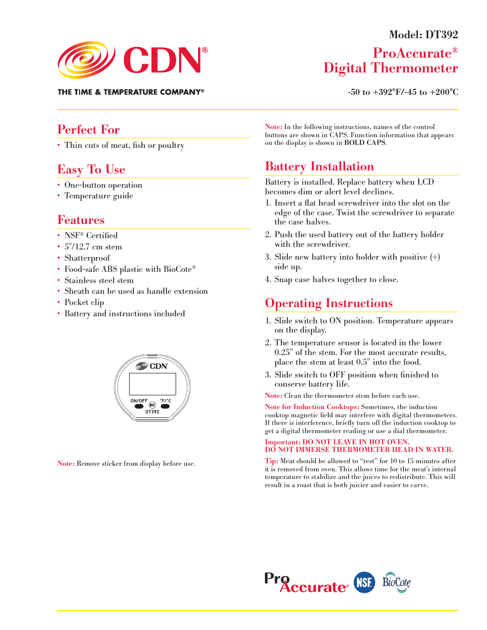 CDN DT392 - ProAccurate® Digital Thermometer EN User Manual | 2 pages