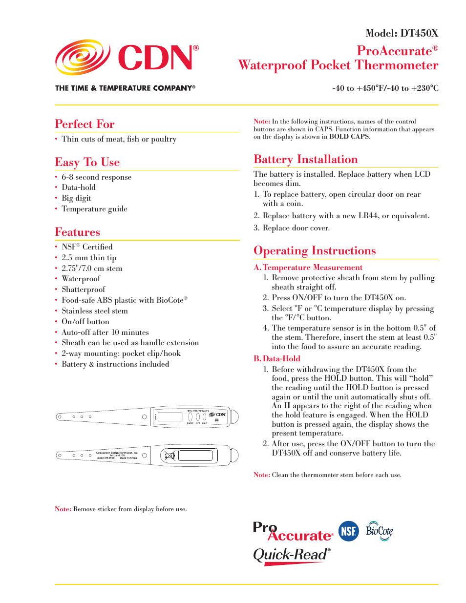 CDN DT450X-R - ProAccurate® Waterproof Pocket Thermometer - Red EN User Manual | 2 pages